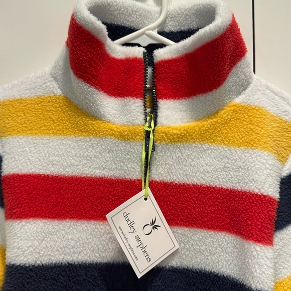 Dudley Stephens Kaki Pullover in Sherpa Fleece, Camp Stripe, Size Small - Picture 2 of 5